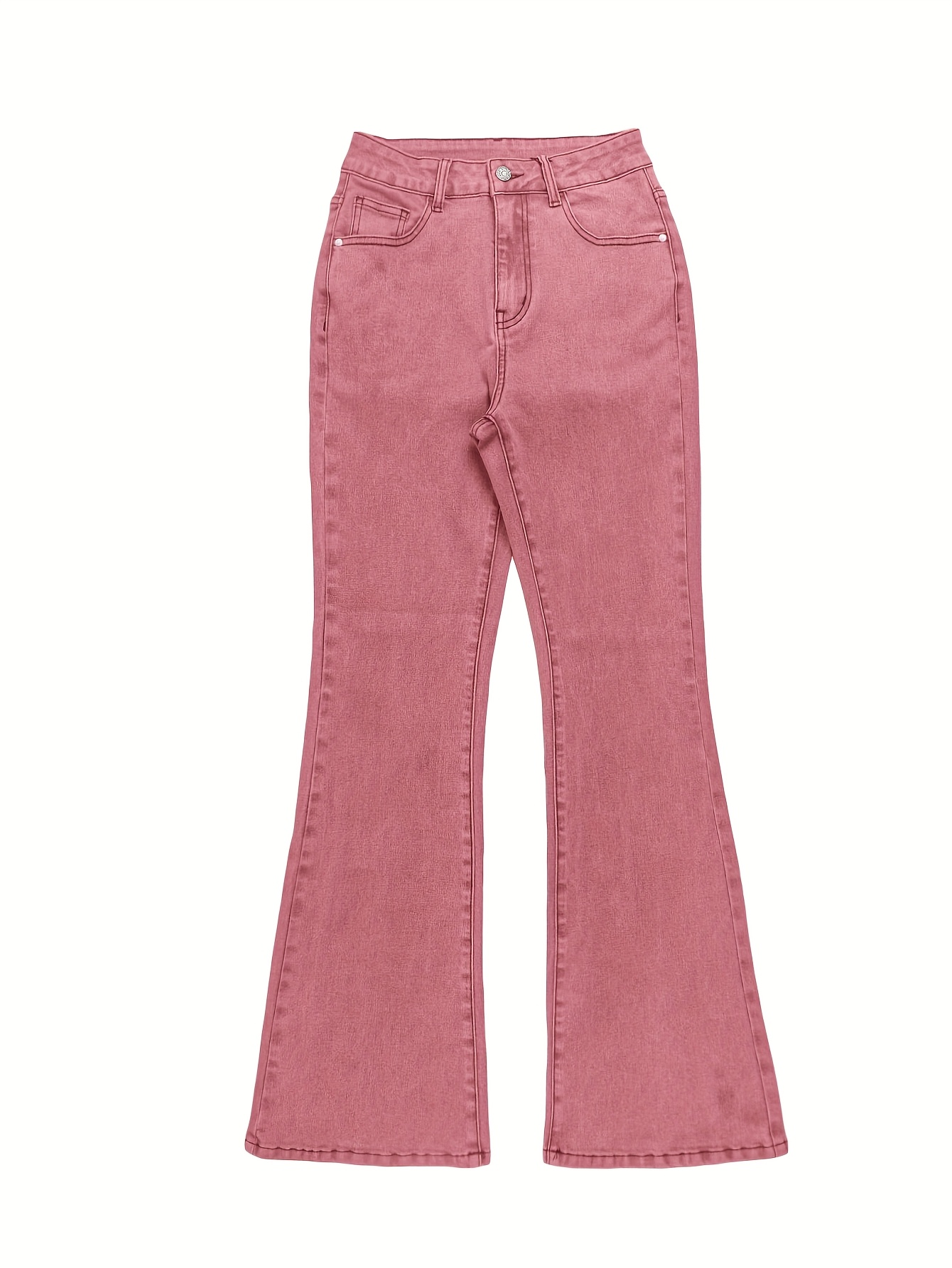 GILIPUR MH1025 Light Blue Retro High-Waist Stretch Straight Leg Women's Pants, Street Style Solid Color Long Pants with Pockets, All-Season Comfortable Stretch Fabric, Machine Washable
