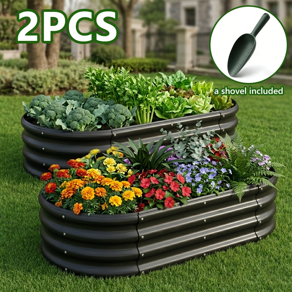 TEMU 2 Sets Galvanized Raised Garden Bed Kit With A Shovel, 48*24in Galvanized Planter Garden Boxes Outdoor, Oval Large Metal For Vegetables Outdoor
