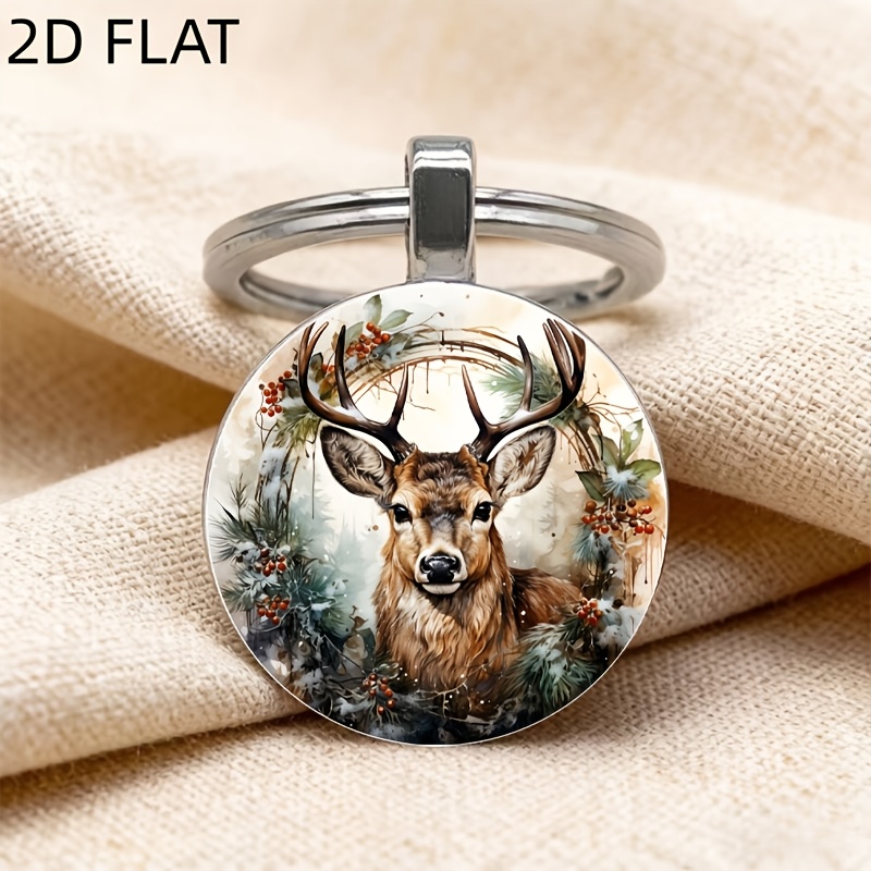TEMU 2d Flat, Forest Deer Round Glass Keychain - 2d Flat Exquisite Pine Branches & Berries Snow Scene Decoration - Winter Nature Style Car Key Ring