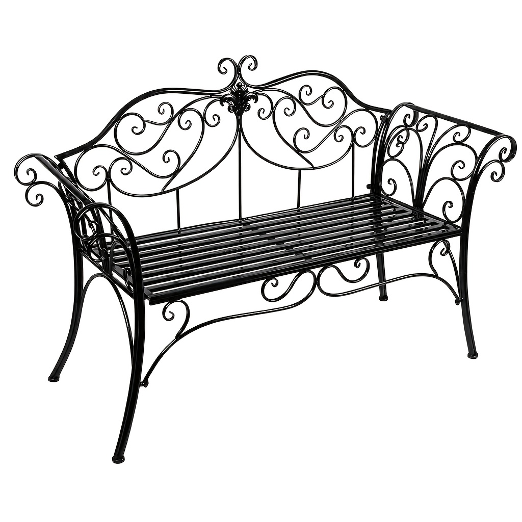 2-seat Black Wrought Iron Garden Bench | Decorative Cast Iron Backrest | 250kg | Patio Yard Use