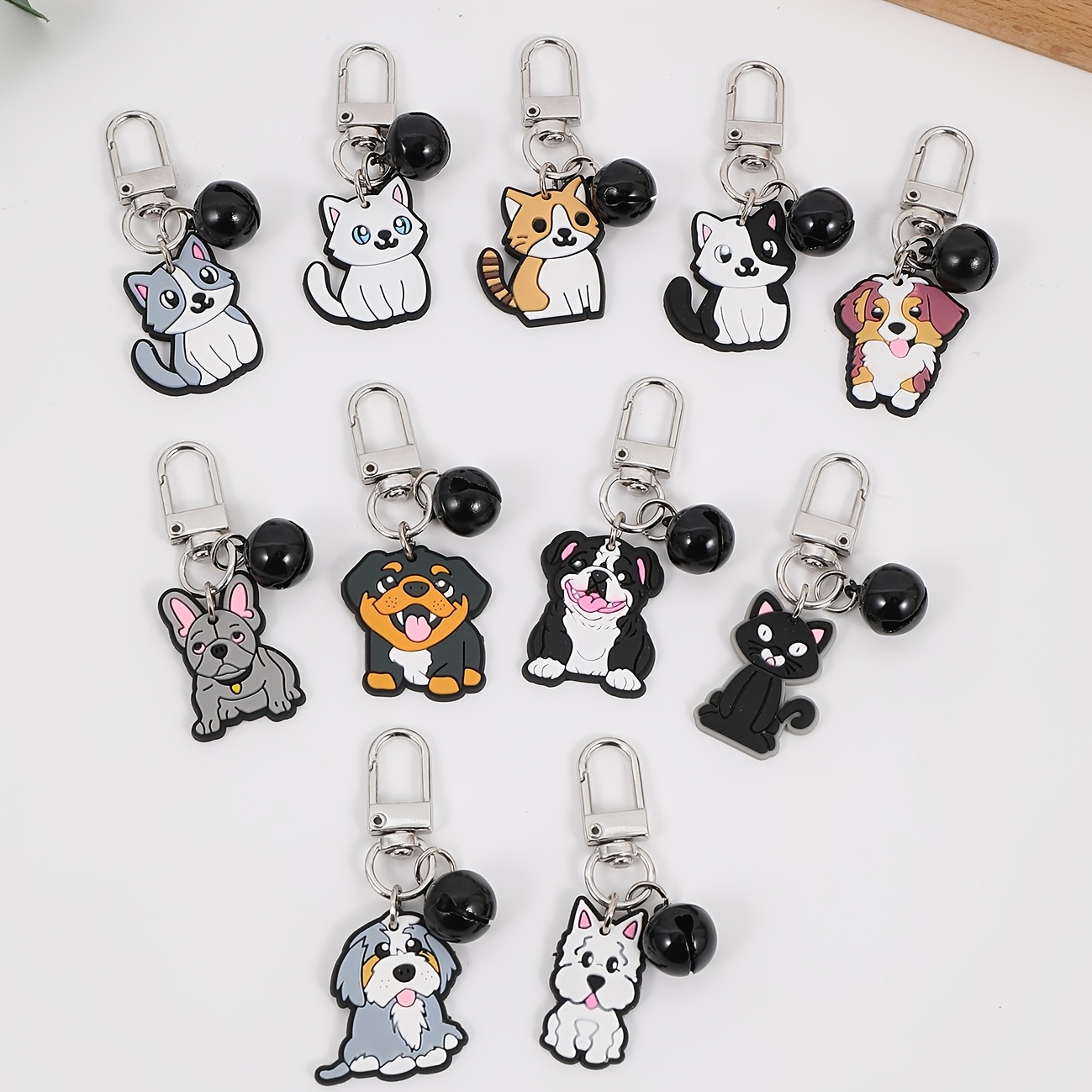 

11pcs Cute Cartoon Puppy & Kitten Keychain Set With Bells - Alloy And Pvc, Backpacks, Cars, And Gifts, -, Diy