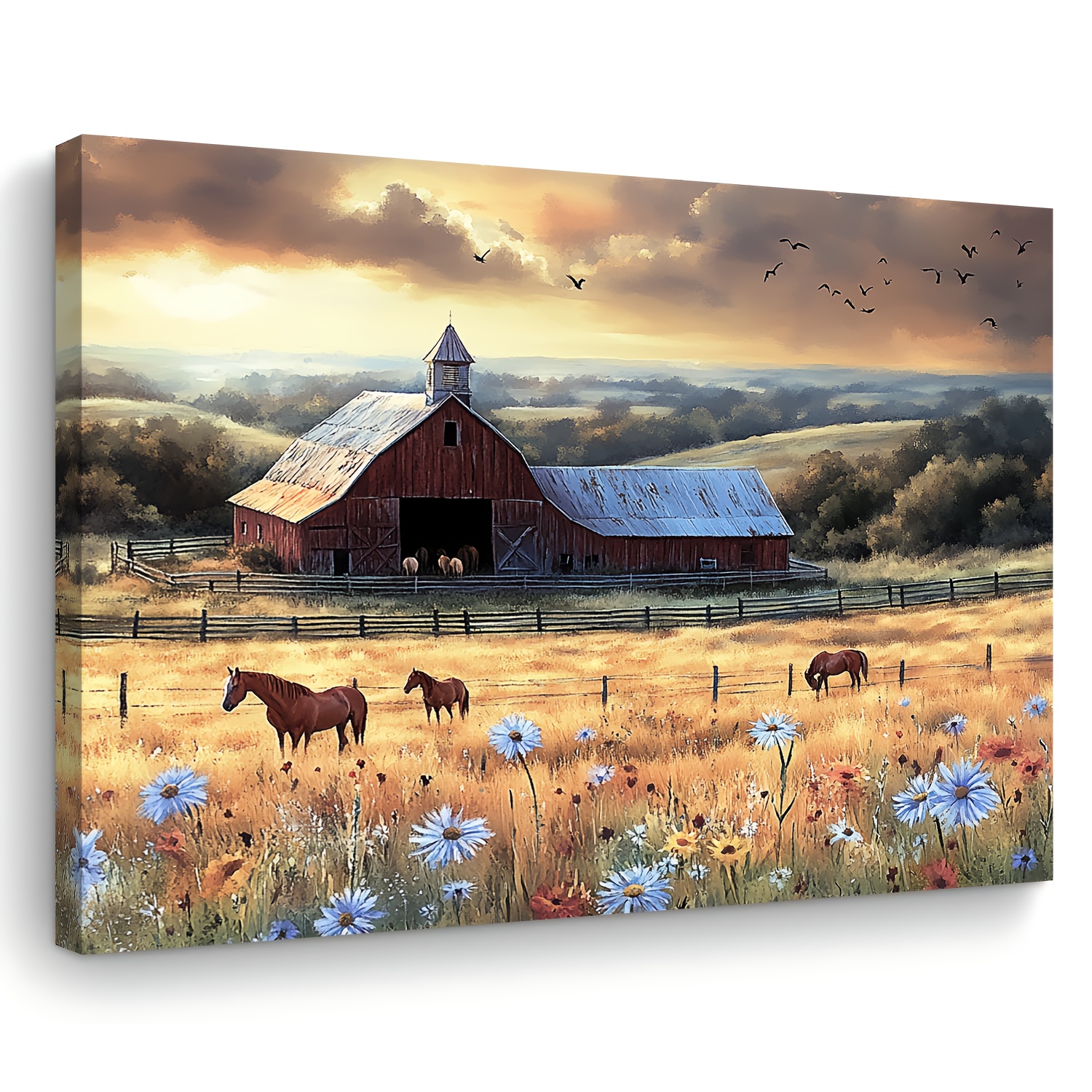 

Room Decor Farm Canvas , Wooden , Woven Country Landscape With Horses & Barn, Ideal For Wedding, Birthday, Bachelor Party, First Communion, Decor, With 11.8" X 15.7" For Perfect Gift For All