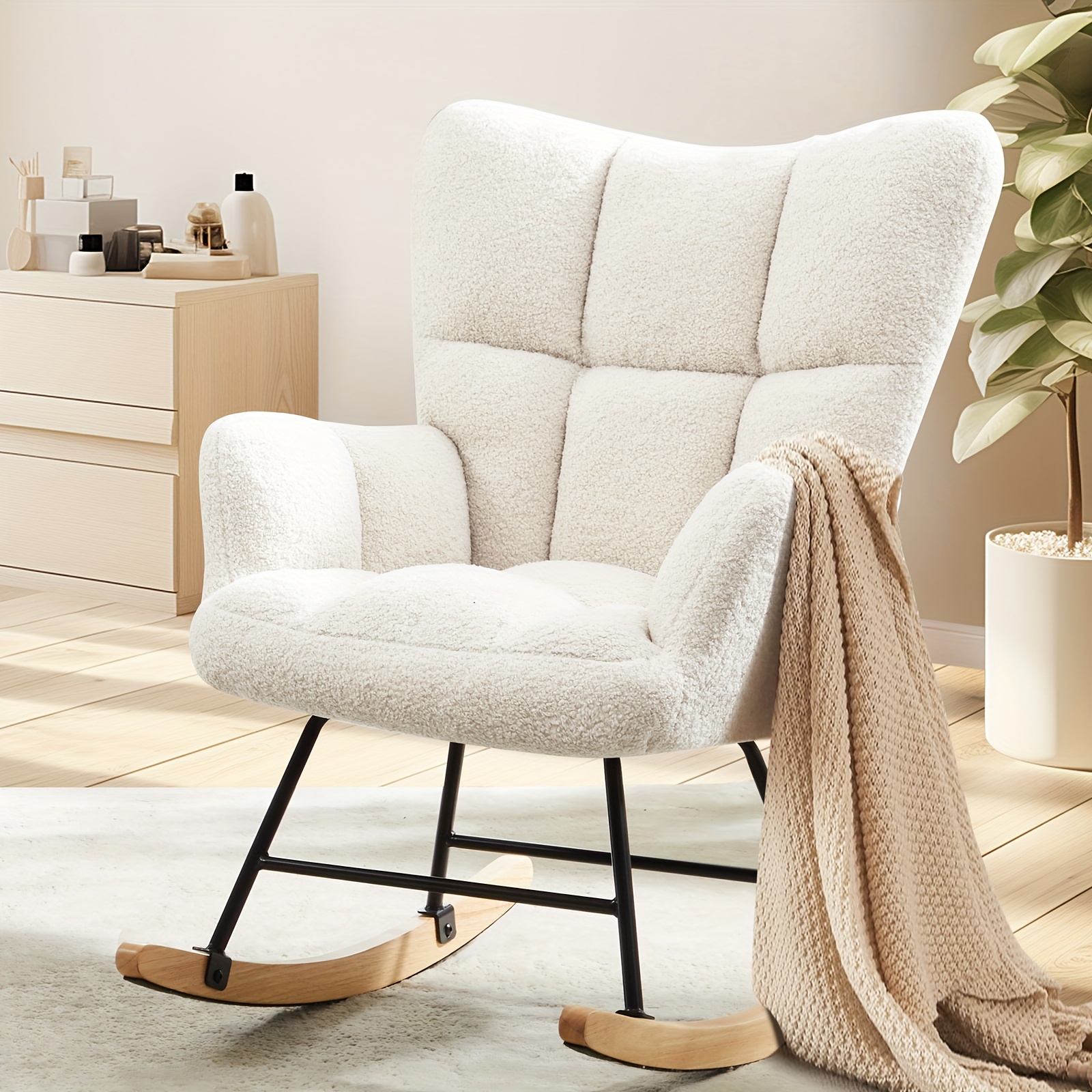 

Rocking Chair Nursery, Teddy Upholstered Glider Rocker With High Backrest, Reading Chair Modern Rocking Accent Chairs Glider Recliner For Living Room