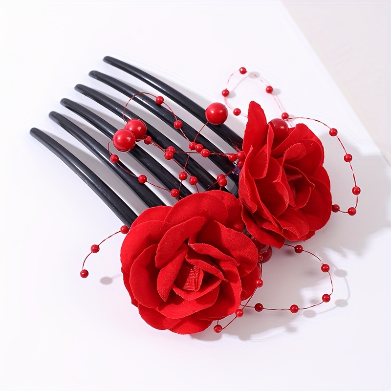 

1pc Romantic Artificial Rose Hair Comb Decorated With Exquisite Beads Hair Comb Women Daily Uses Hair Styling Accessories Wedding Valentine's Day Headwear