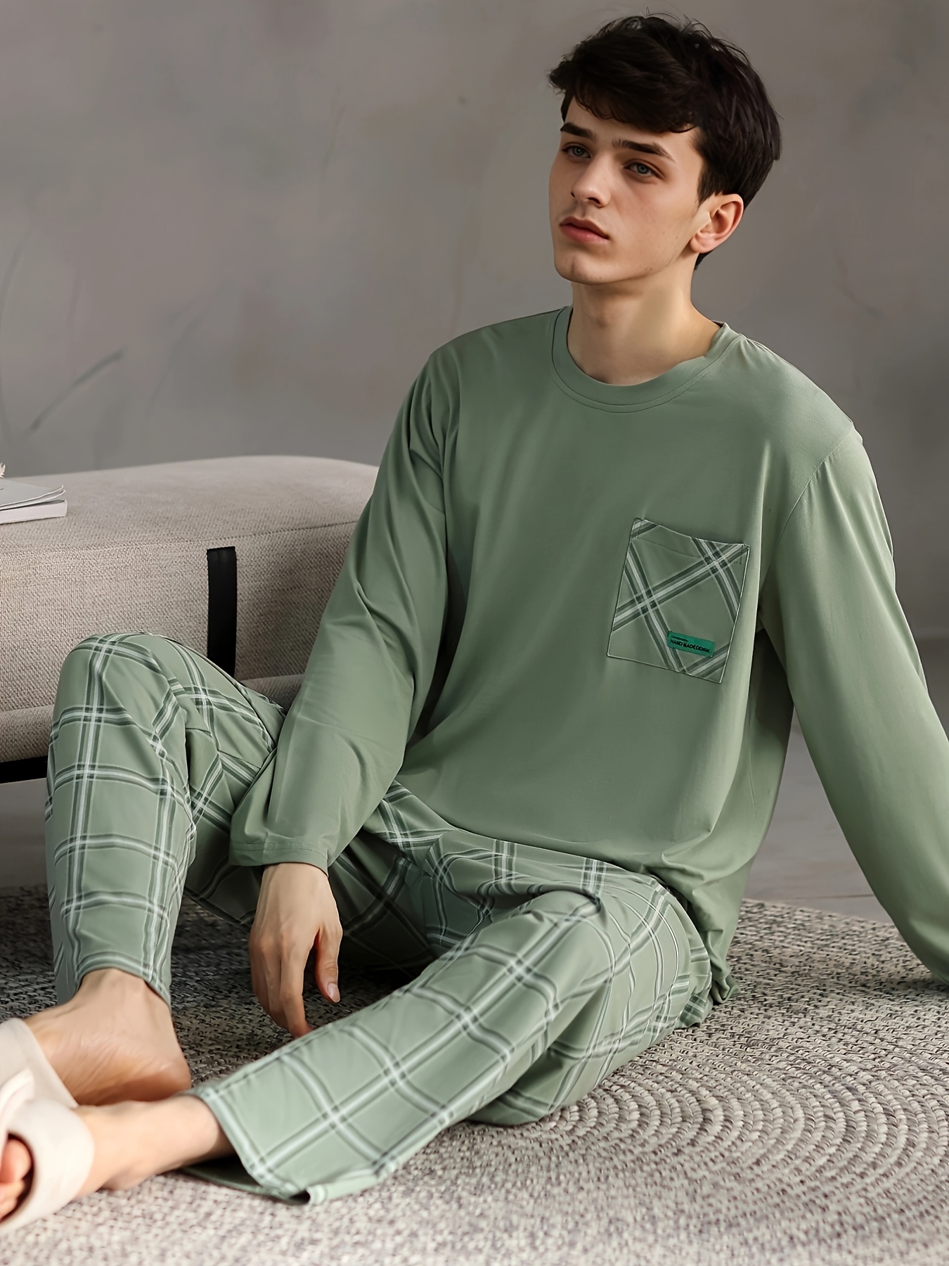 Monodosen Brand + 20% Off Price Comparison New Spring and Autumn Men's Pajamas with Long Sleeves and Trousers, Wearable Outdoors with Pockets, High-end Casual Fashion Home Clothes Set