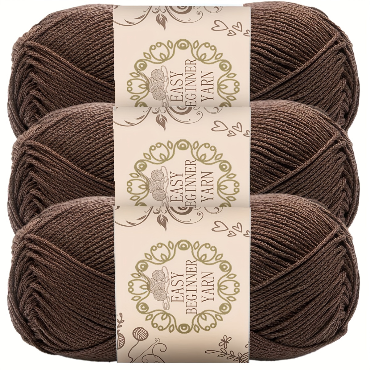 

3pcs Soft & Cozy Acrylic Yarn - Ideal For Diy Crochet & Knit Projects - 100% Acrylic, 4-ply Handcrafted, 50g Each, Fashionable Brown With Floral Label Design, Perfect Craft Gift