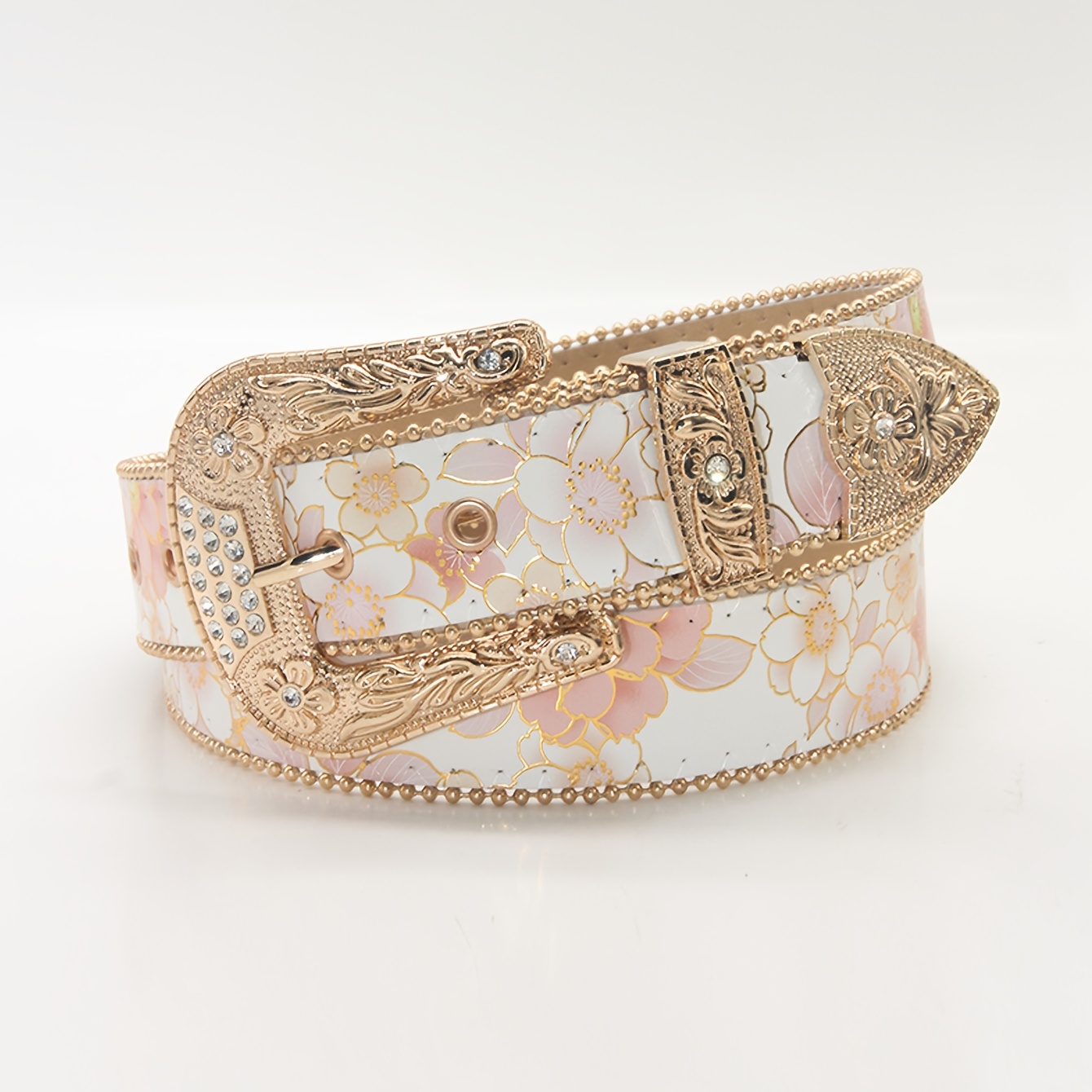 Image of 1pc Men Women Exquisite Carved Bead Golden-plated Floral Western Style Belt Suitable For Cowgirl Dress Matching