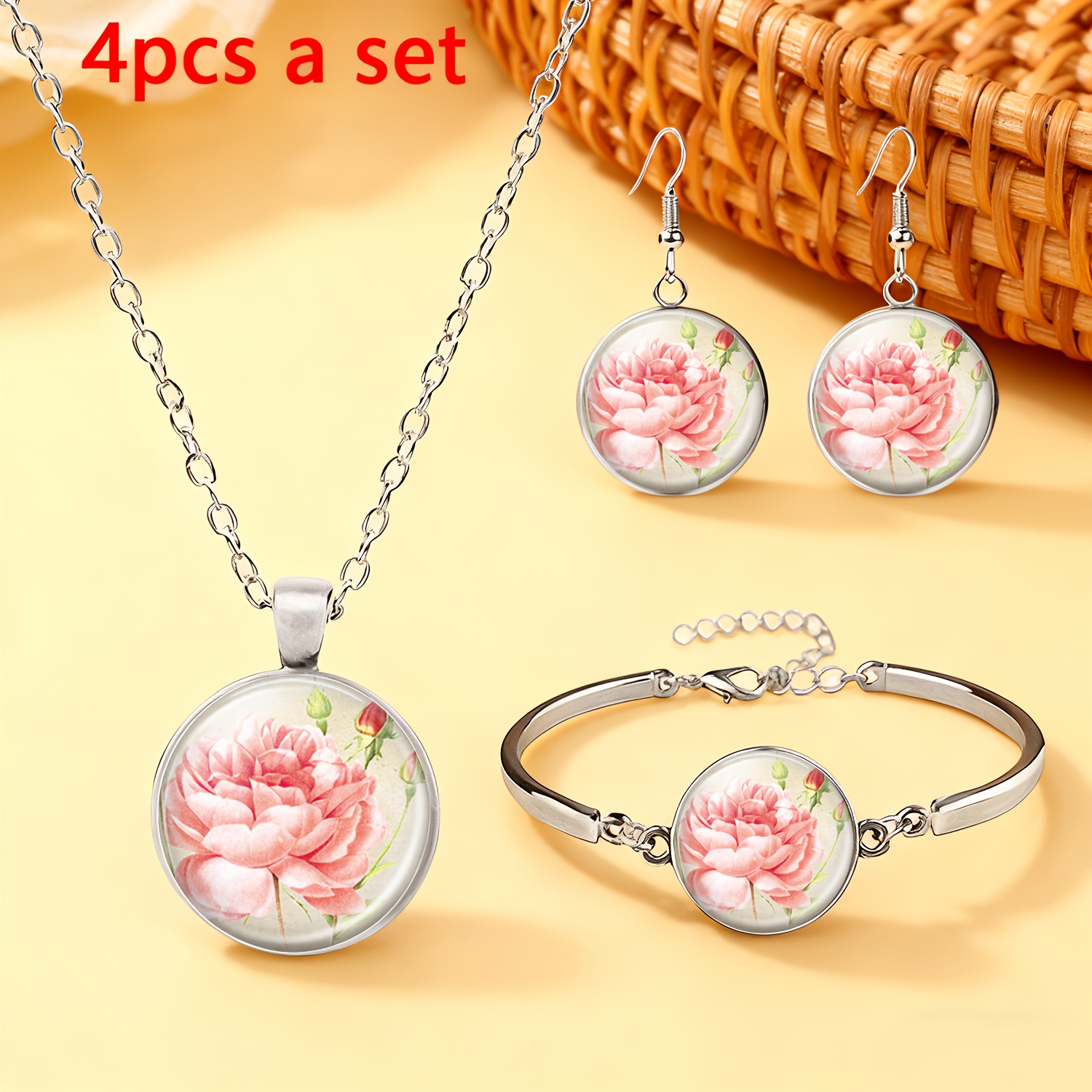 TEMU 4pcs White Jewelry Set: 1 Necklace, 1 Bracelet, 1 Pair Of Earrings. Featuring A Round Design With A Blooming Pink Flower In Against Yellow