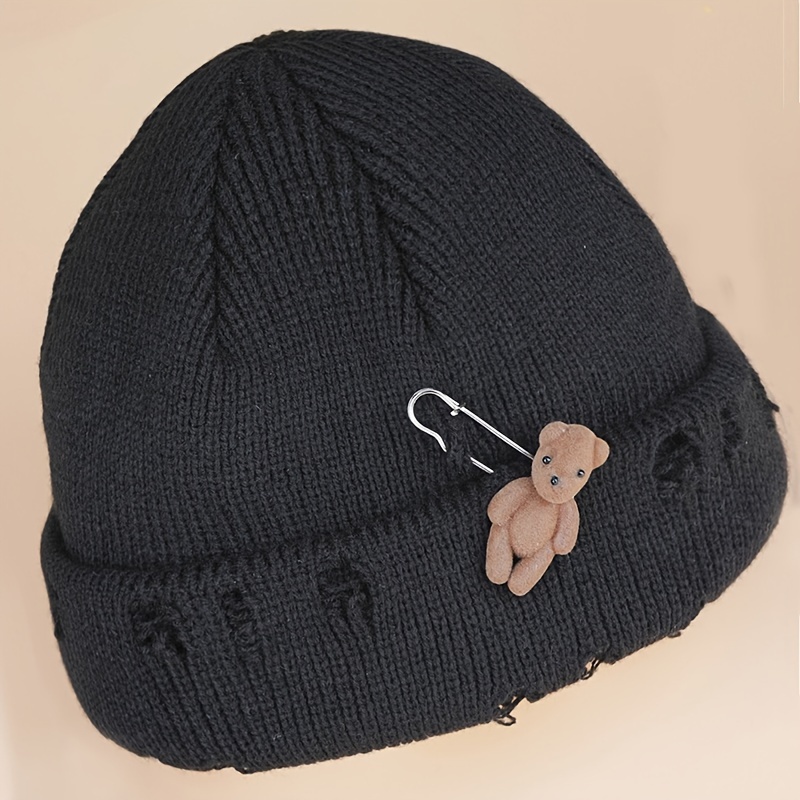 fashionable ripped design knit beanie cute plush bear safety