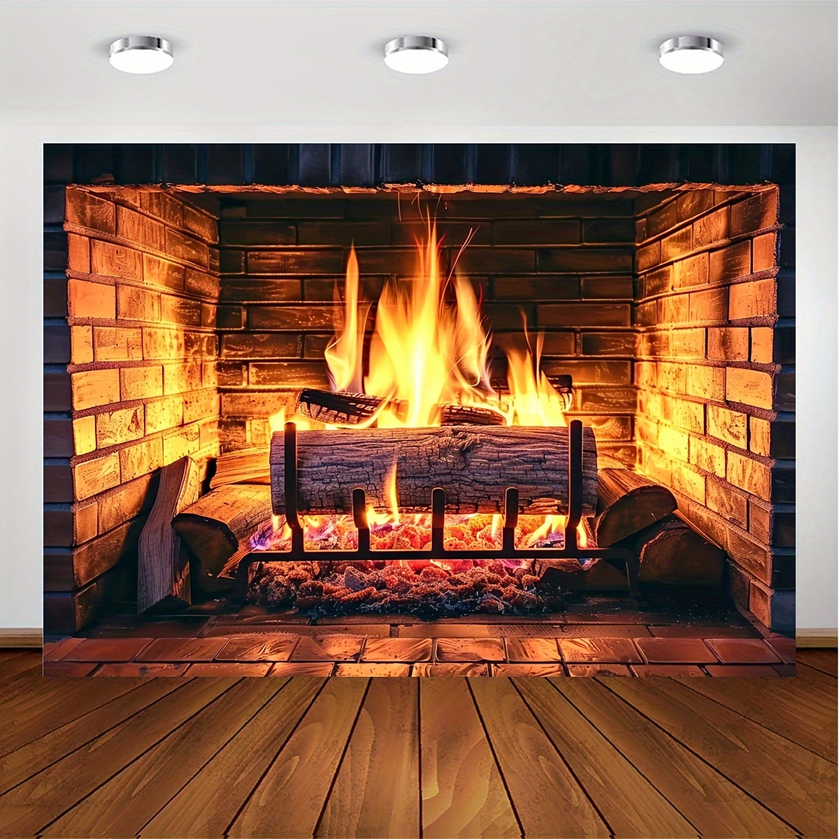 

1pc Realistic Fireplace With Flaming Wood Backdrop - Winter Christmas Party Decoration, Family Camping Barbeques Photo Booth Props - Multi-purpose, No Electricity Required