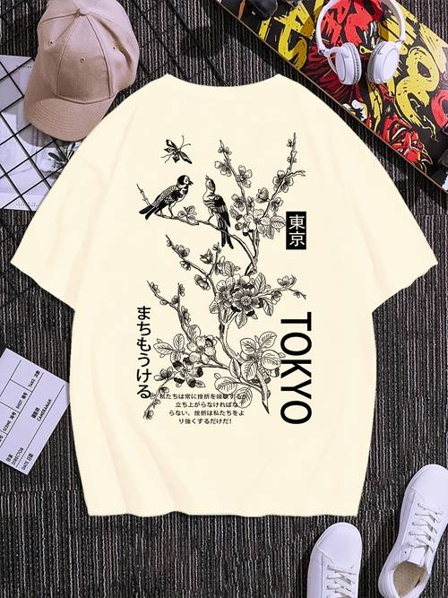 summer mens pure cotton t shirt with flower and bird patterns tokyo letter antique style printed pattern for outdoor wear mens fashionable pure cotton t shirt