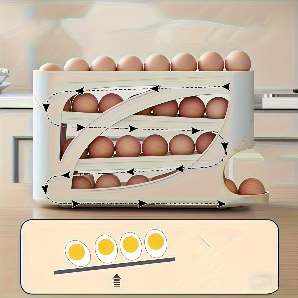 1pc egg storage organizer with auto- slots - space-saving egg rack for refrigerator door, multi-tier egg keeper with sliding design, beige/brown, heavy-duty plastic egg holder for freshness & organization - kitchen countertop or fridge organizer, , sturdy construction, organized households Product details 1