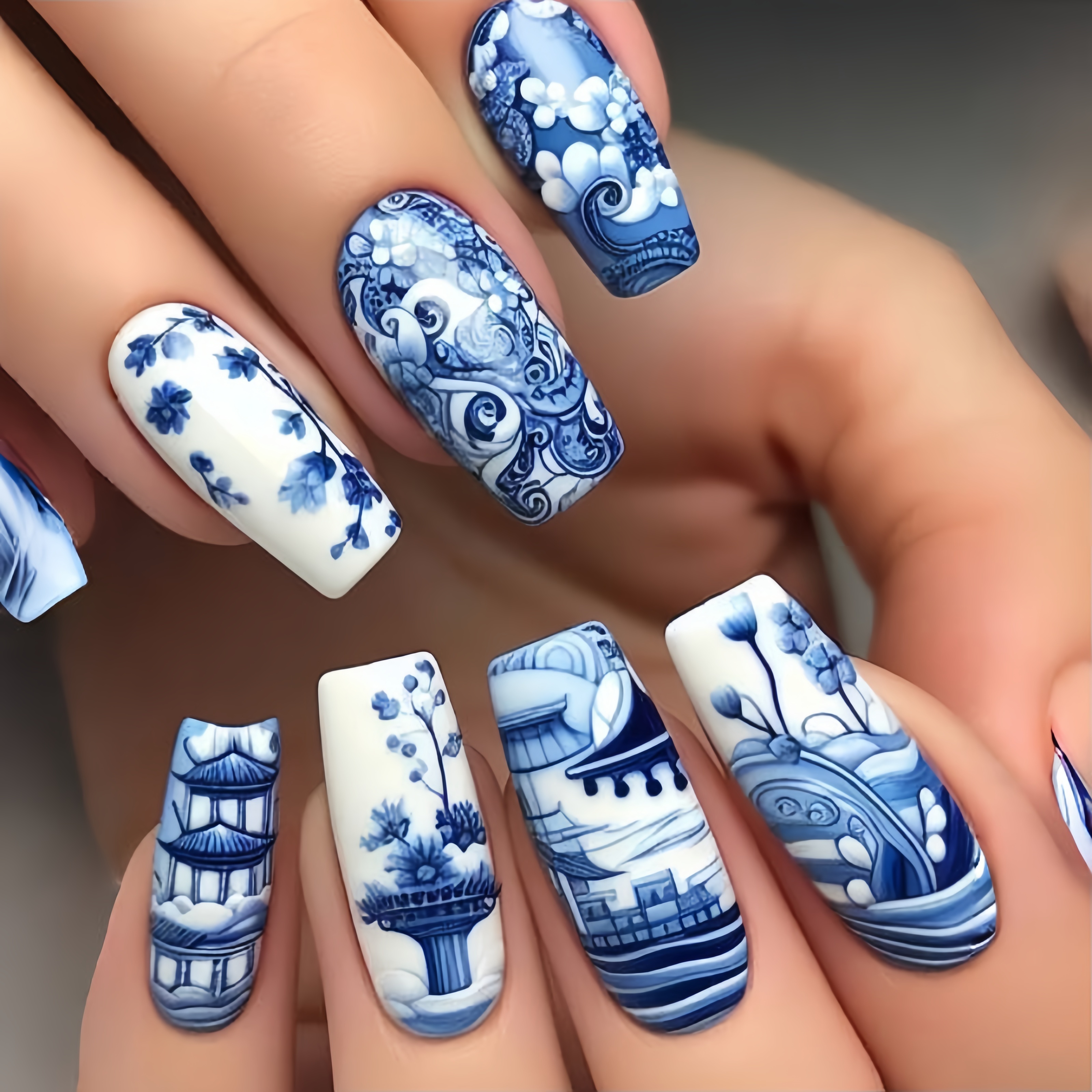 

Long Ballet Nail Blue And White Porcelain Pattern White Background Blue Striped Artificial Nail Stickers Removable 24pcs Nail Art