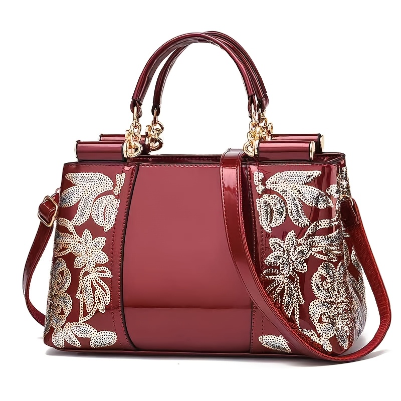 elegant synthetic synthetic leather tote bag for women adjustable shoulder strap   interior   with  s maroon   for everyday use or special occasions special occasion bag floral bag   detailing