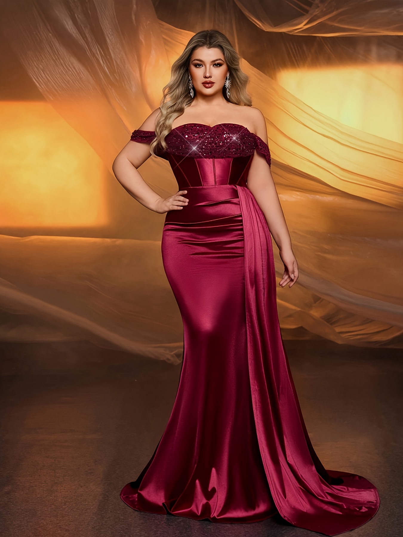 plus size plus size wine red sequined satin shoulder mermaid - Temu Denmark