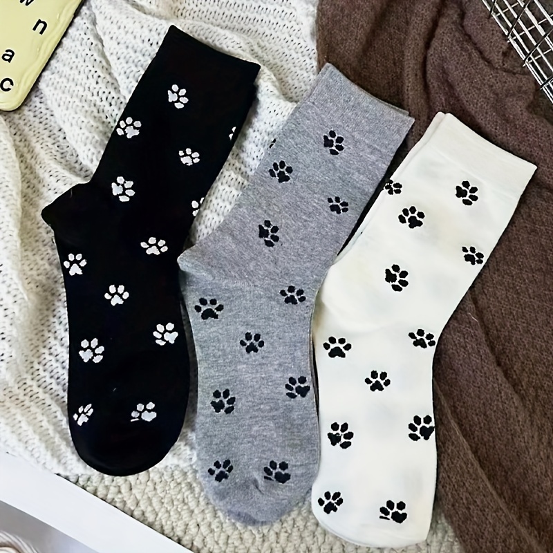 

3 Pairs Cute Cartoon Dog Paw Print Socks For Women, Ins College Style, Mid-calf Height, Knit Fabric, 95% Polyester 5% Spandex, Hand Washable