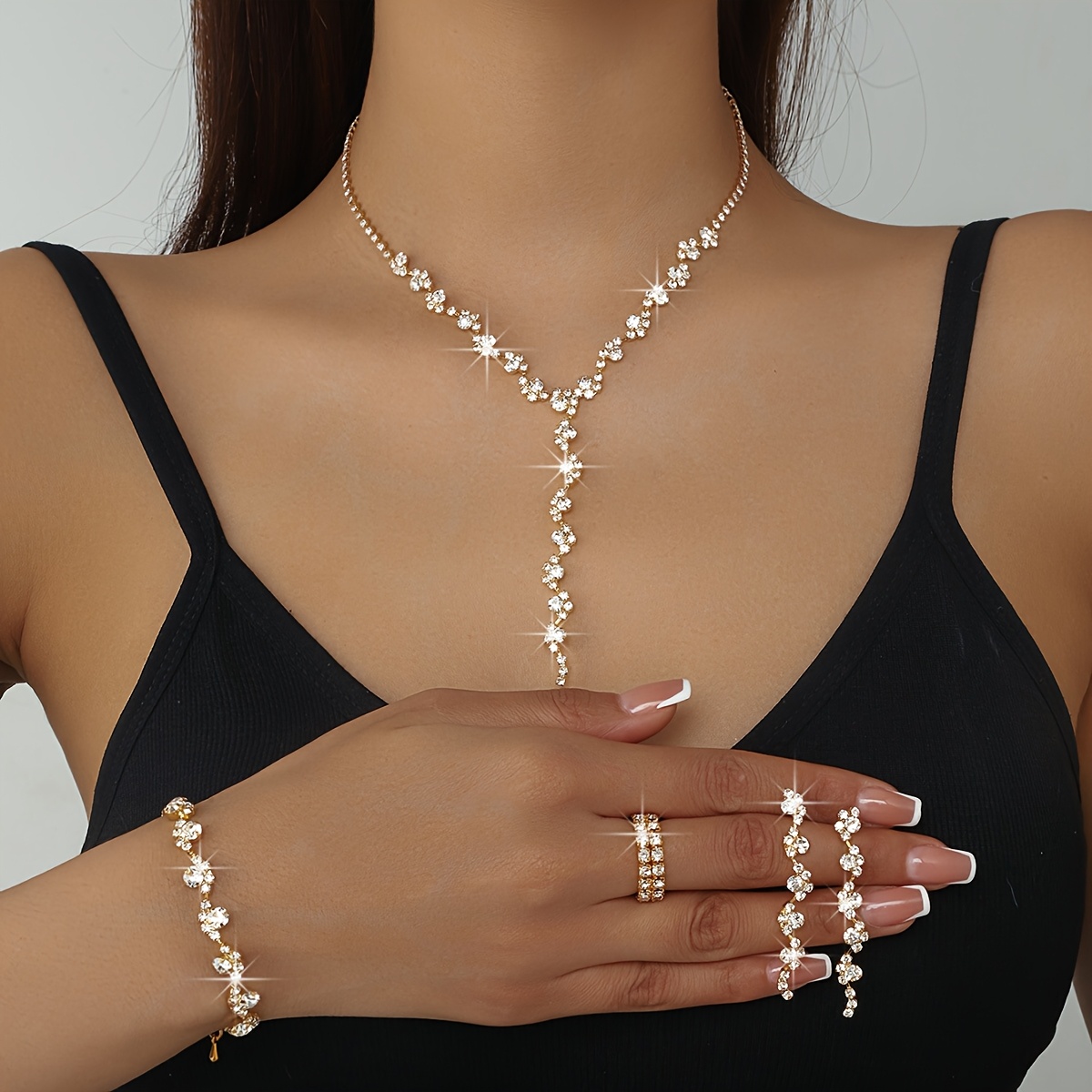 Image of Luxury Temperament High-end Rhinestone Flower Necklace Earrings Ring 4pcs Set, Music Party Jewelry