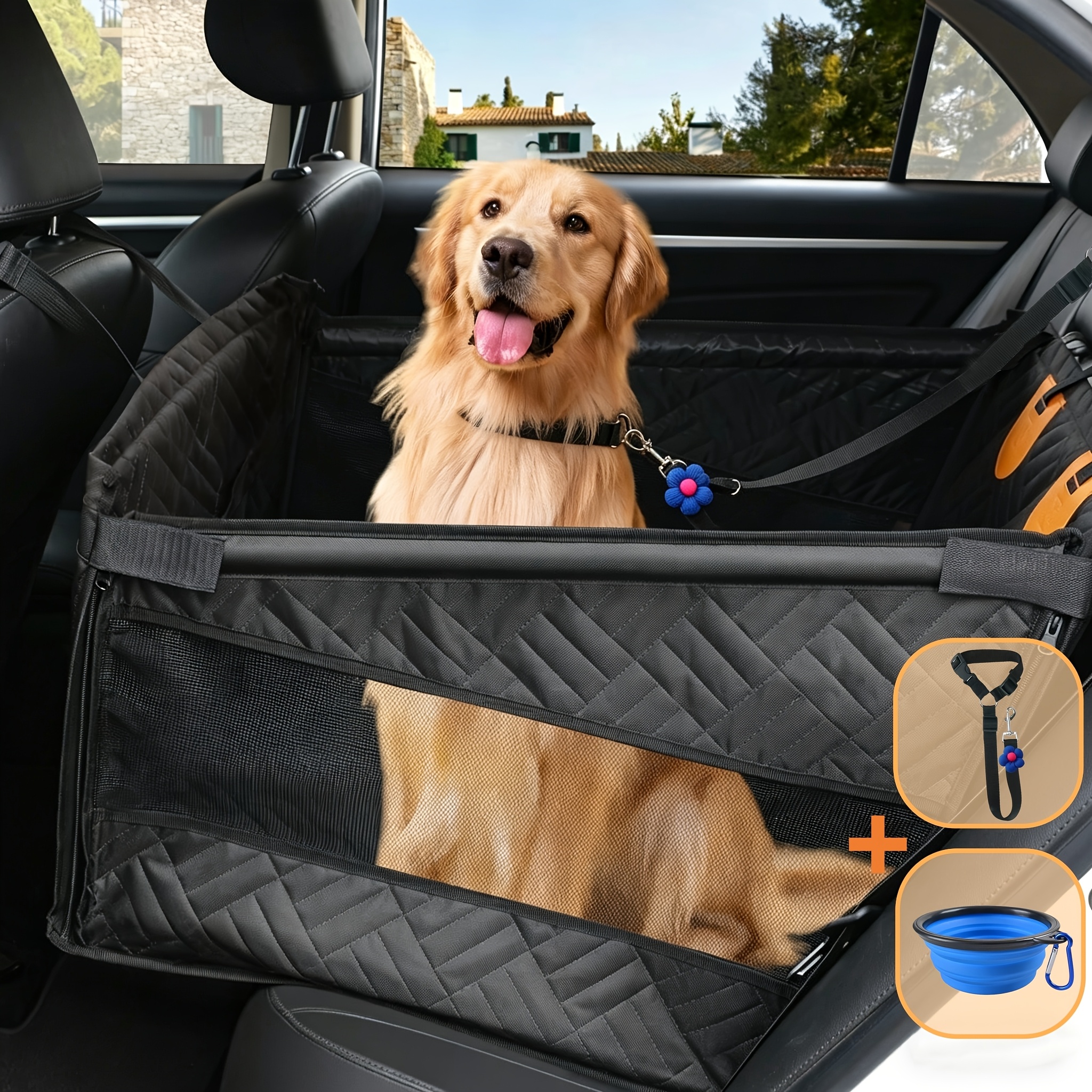 TEMU 【大型犬用】カーシート、犬用バックンダー、犬用シートカバー（後部座席用）、ペットベッド（ハンモック）、犬用リード、折りたたみ式フードボウル付き