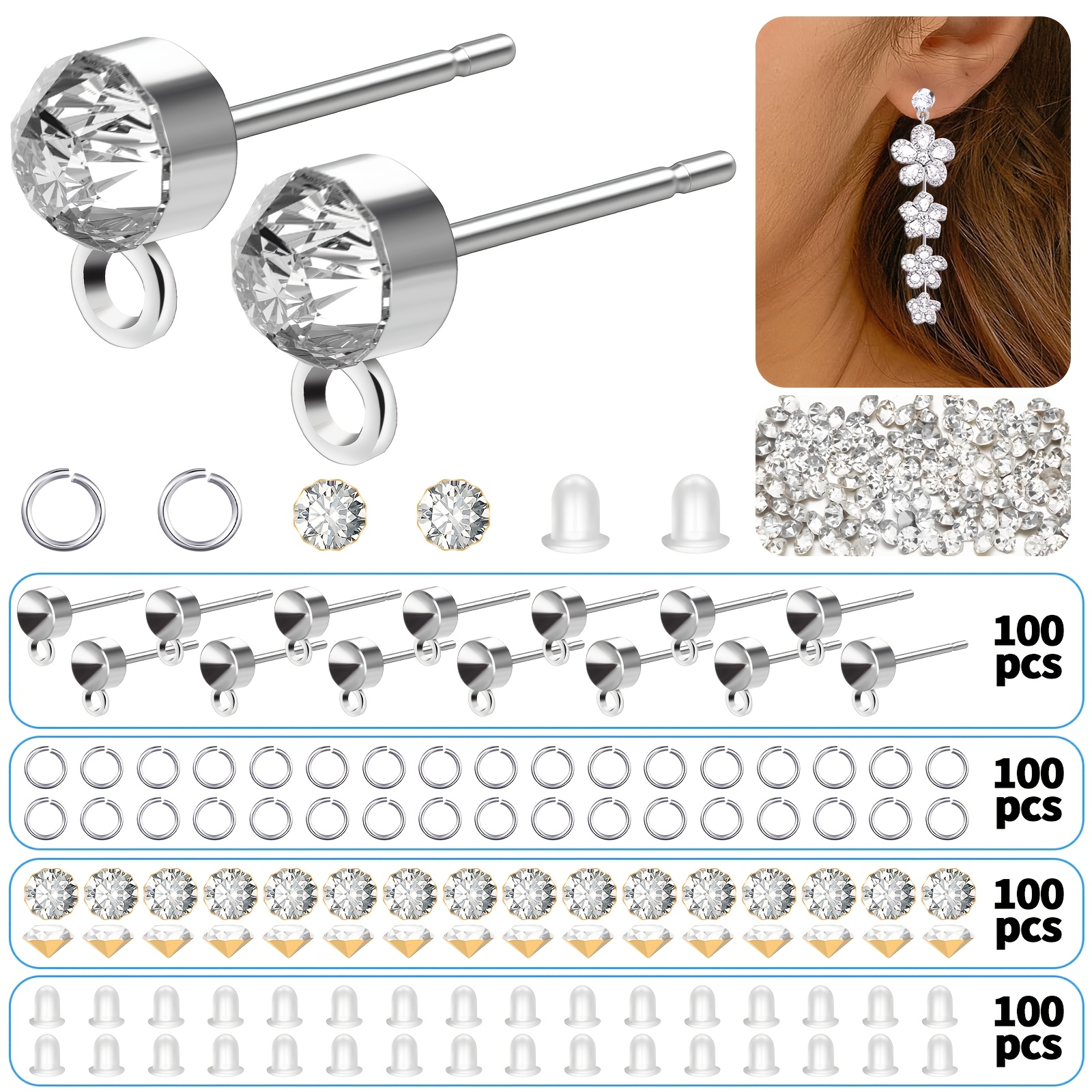 Image of Hypoallergenic Earring Making Kit, With 100pcs Stainless Steel Earring Posts, 100pcs Glass Rhinestones 100pcs Jump Rings And 100pcs Clear Backs Stoppers (silvery,golden)