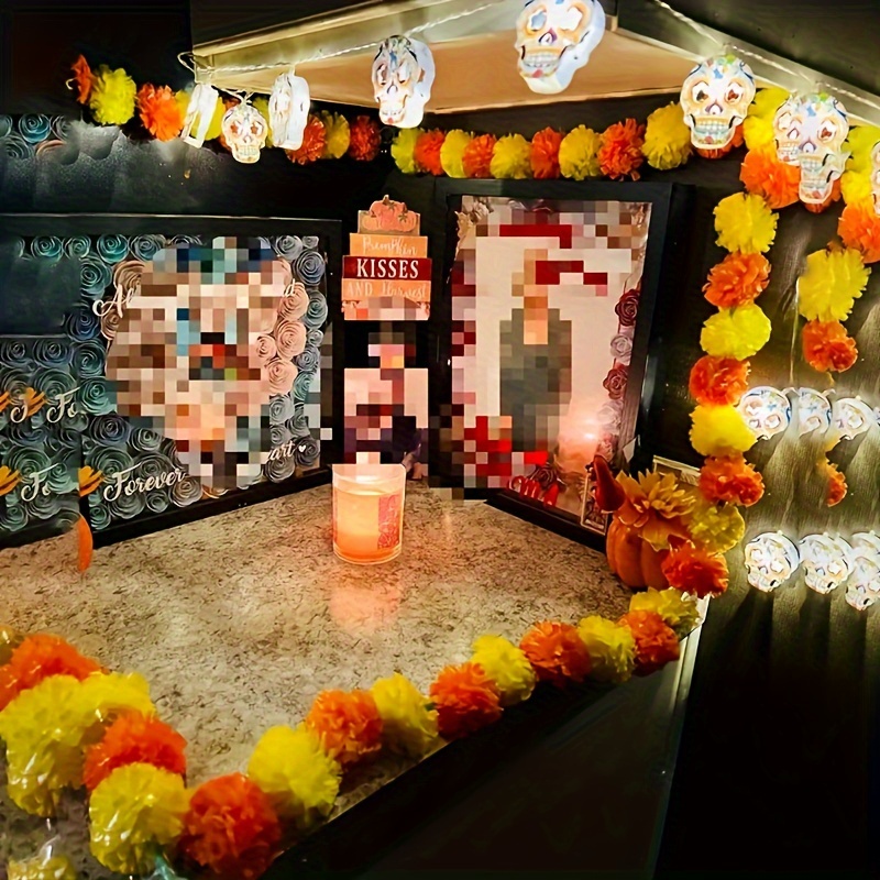 

3-pack Artificial Marigold Flower Garlands, Non-electric, No Feathers, For Dia De Los Muertos Home Decor, Party Photo Props, Indoor & Outdoor Room Beautification