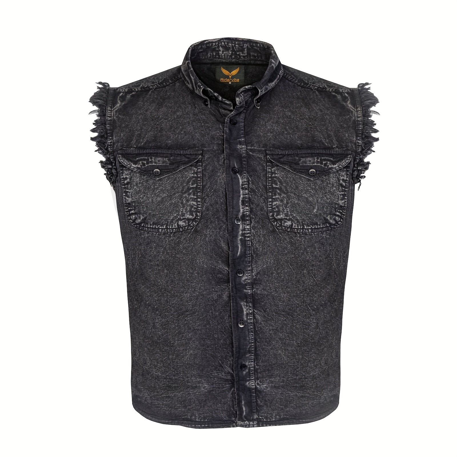 TEMU Men's Casual Sleeveless Shirt - , Frayed Sleeves, Cotton Shirt, Single-breasted Button-up With Fringe Hem, Regular Fit For Streetwear, Beach &