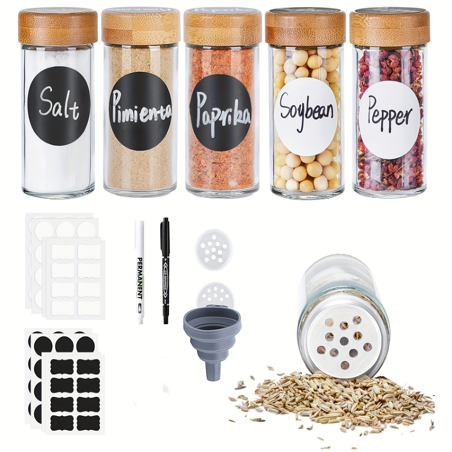 Yangbaga 12 stuks glazen kruidenpotten met 12 houten lepel, 250 ml