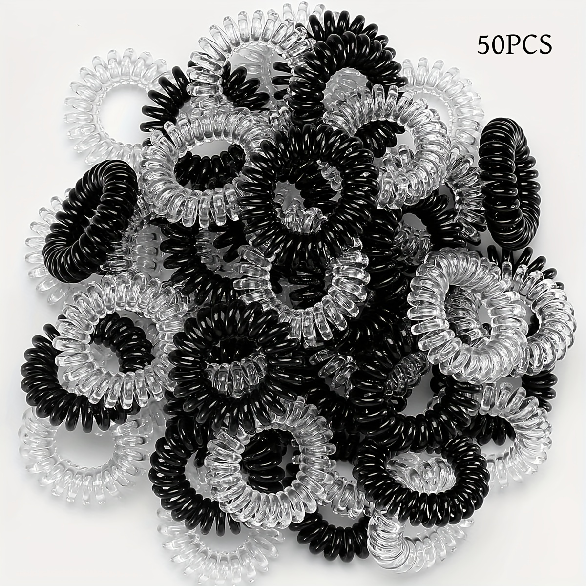 50 spiral telephone cord hair ties for women ponytail holders spiral elastic hair bands telephone cord spiral hair elastics seamless strong elastic hair ties non slip ponytail holders phone cord wraps black clear mixed colors durable hair