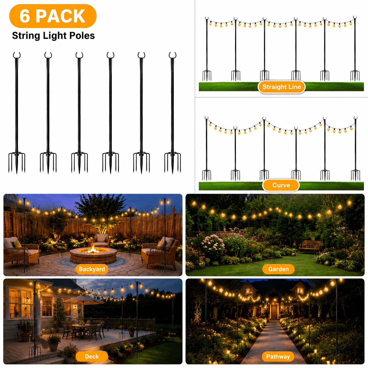 4pcs/6pcs Garden Stakes With Base, Suitable For Outdoor String Light Poles. A Flexible Non Powered Lighting Surface Matte Light Pole, Perfect For Gardens, , Weddings, Backyards (pole Only)