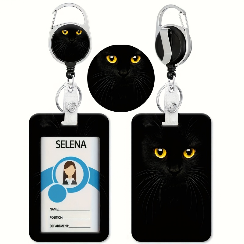 TEMU Black Cat With Yellow Eyes Printed Pattern Id Holder - Suitable For Bus And Campus Cards - With Retractable Id Card Holder, Credit Card Holder,