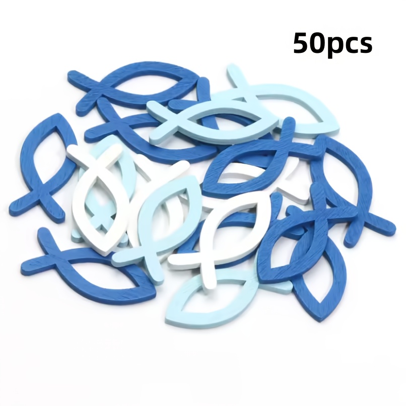 50pcs Mixed Blue White Unfinished Wood Slices Fish Shapes Wood Crafts Decorate Supplies Wedding Party Decorations 15x35mm