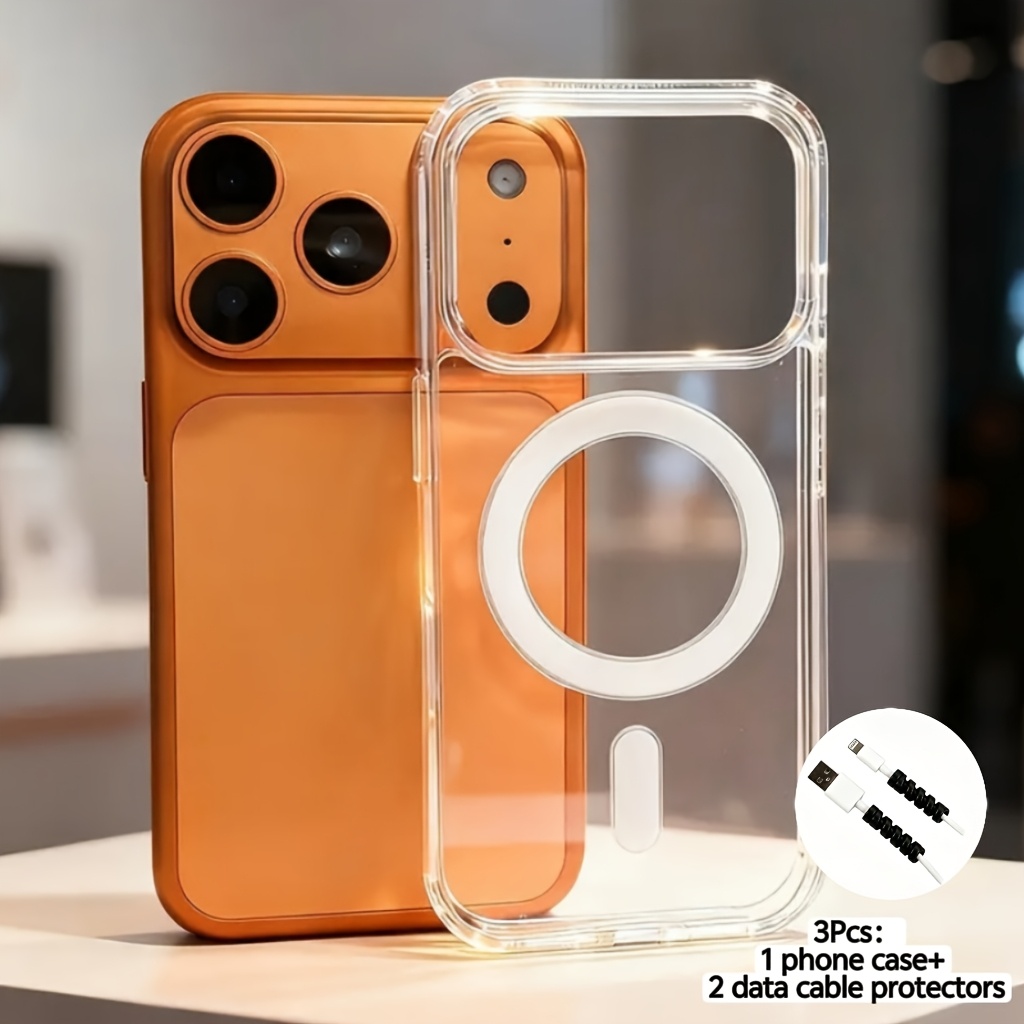 TEMU Phone Case - 3pcs (1 Phone Case + 2 Data Cable Protectors) Luxury Transparent Magnetic Mobile Phone Case - Wireless Charging Compatible -