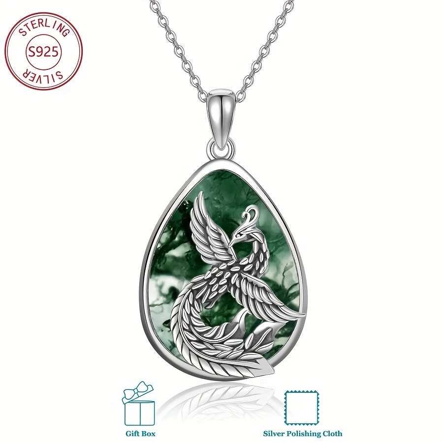 Women's Moss Agate Phoenix Pendant Necklace, 925 Sterling Silver