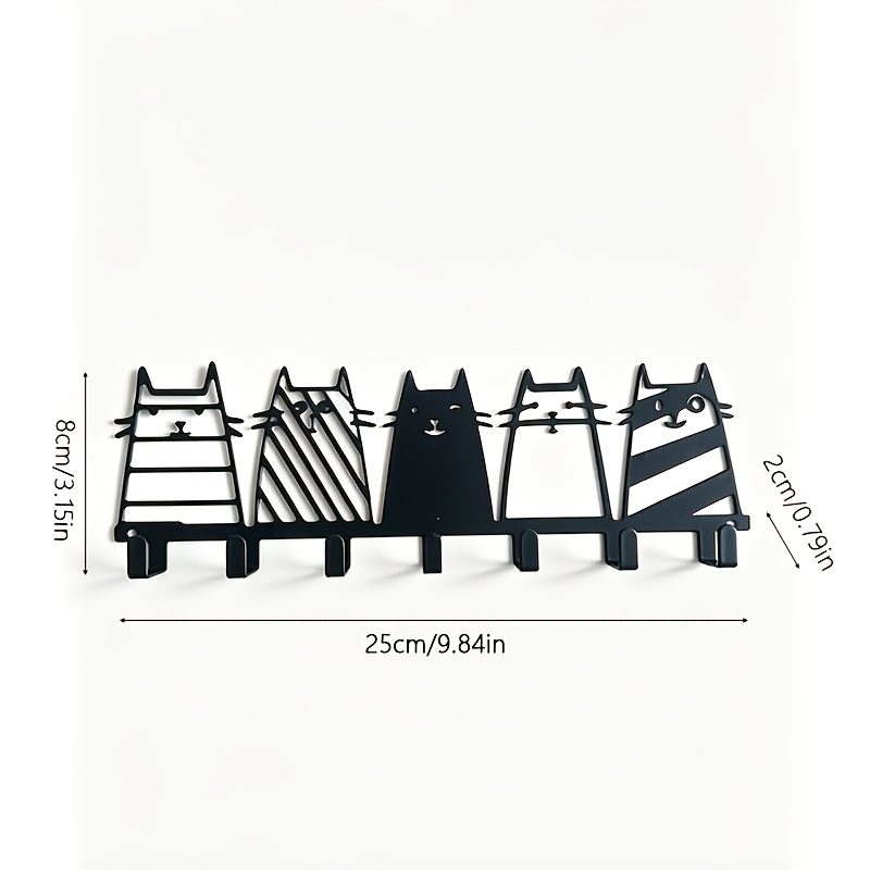 TEMU Cartoon 5 Cats Wall Mount Key Holder, Black Iron 7 Hooks Decorative Entryway Storage Rack