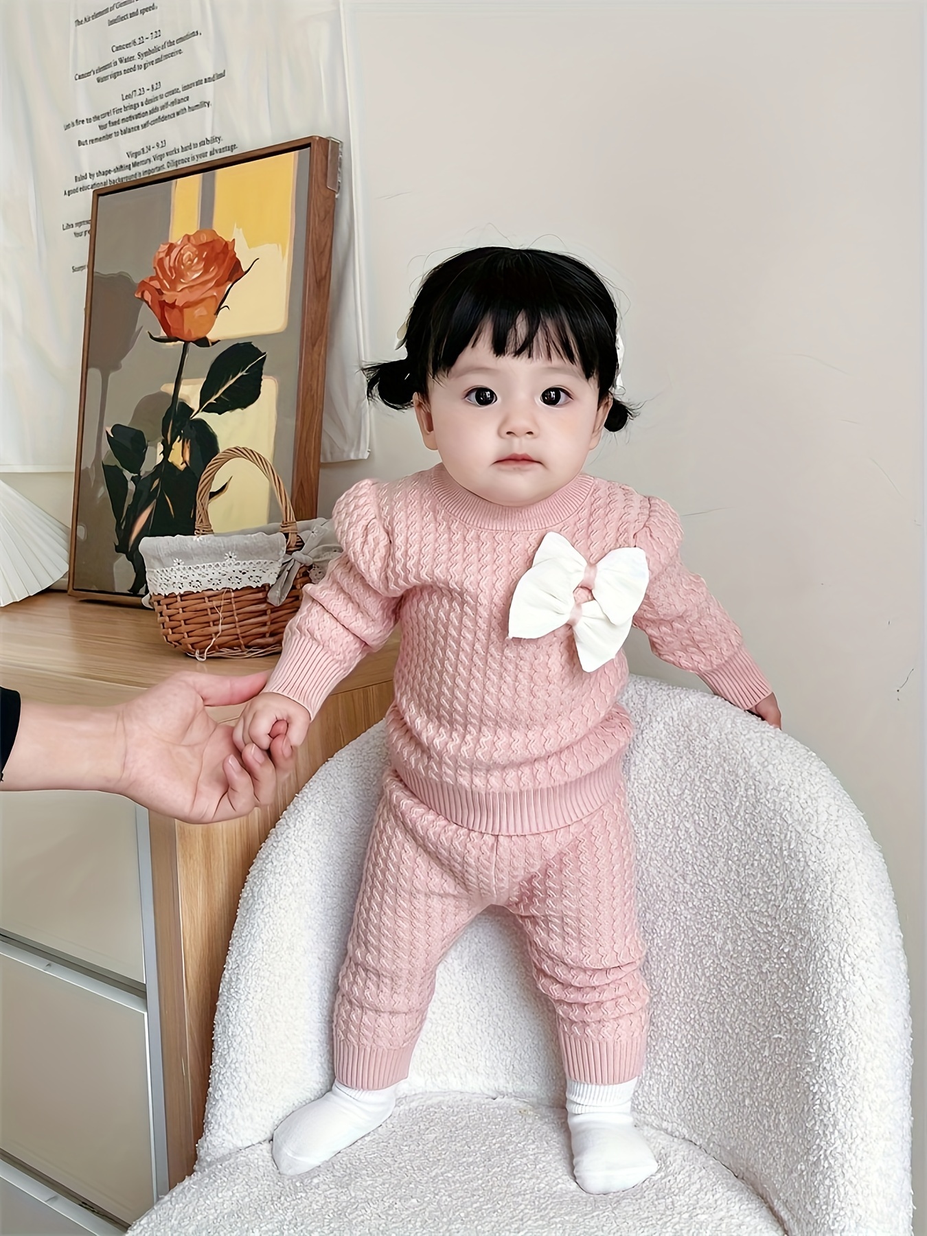 Newborn Baby Autumn/Winter Sweater Set for Girls Knitted Bow Tie Cardigan  and Pants Outfit, Fabric Two-Piece Set Outdoor