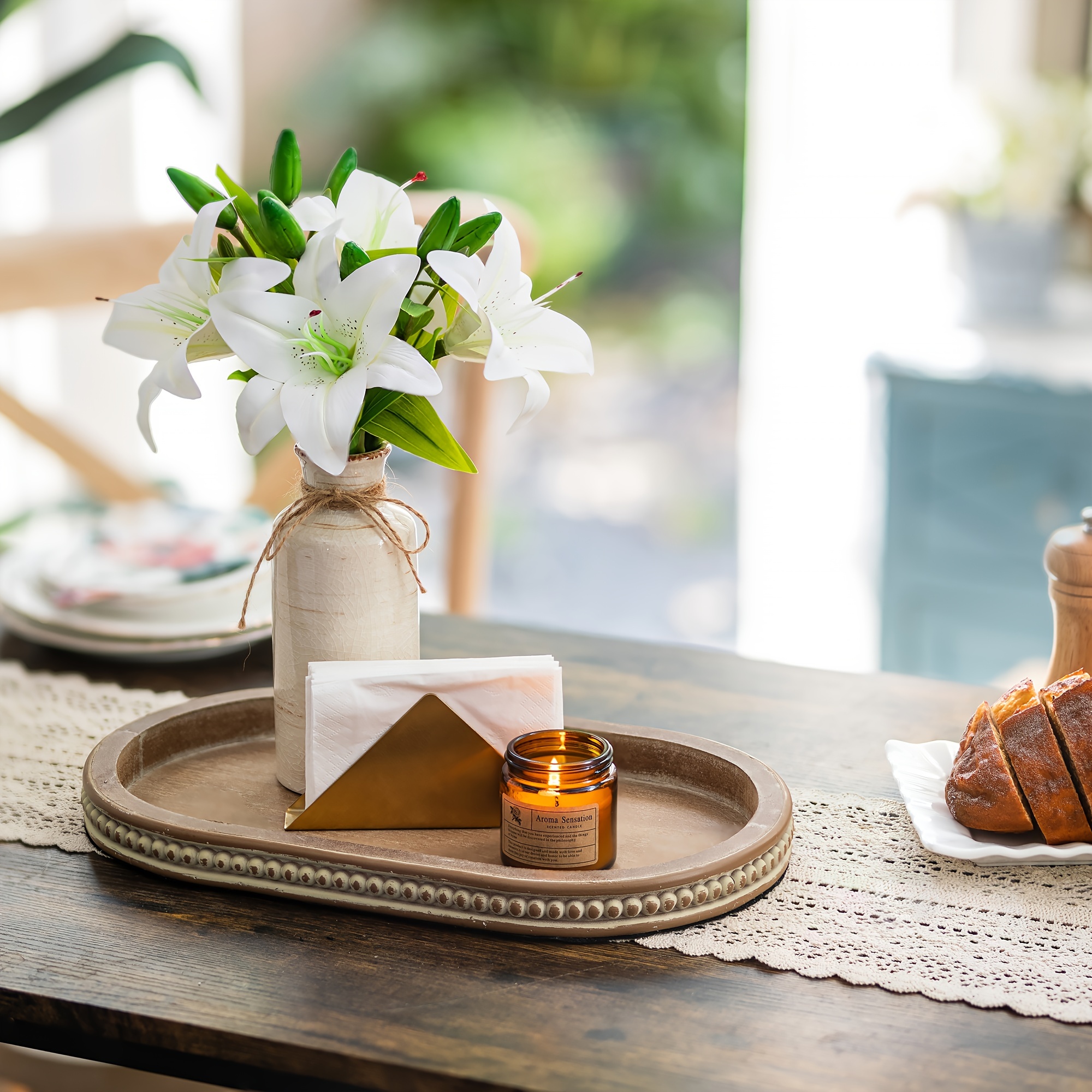 1pc 38.48cm Decorative Serving Tray Wood Bead Oval Tray For Coffee Table Rustic Wooden Trays Decor Farmhouse Decor Wood Trays Home Decor Kitchen