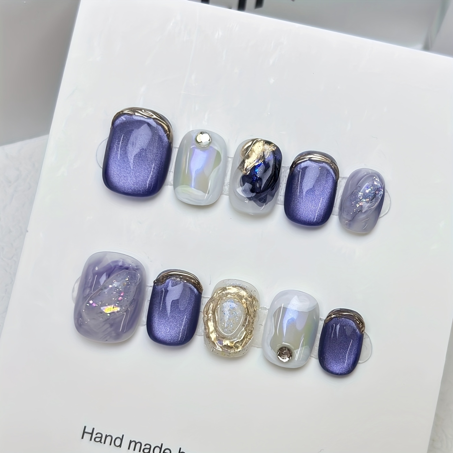 

10pcs Handmade Blue Press-on Nails, Short , Gradient & Ombre Design, , Removable False Nail Tips In Blue And Purple Shades