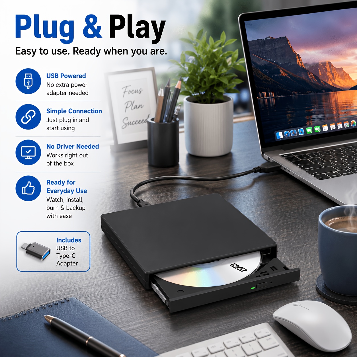 TEMU External Dvd Drive, Usb 2.0 Portable Dvd Rw Drive, Slim Cd Dvd Burner Writer Reader, Plug And Play Optical Disc Drive Compatible With Usb 3.0,