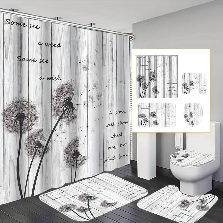 

1pc/4pcs Dandelion Print Shower Curtain Set, Waterproof Shower Curtain With 12 Hooks, Non-slip Mat, Toilet Seat Cover And U-shaped Mat, Bathroom Accessories, Modern Home Bathroom Decor