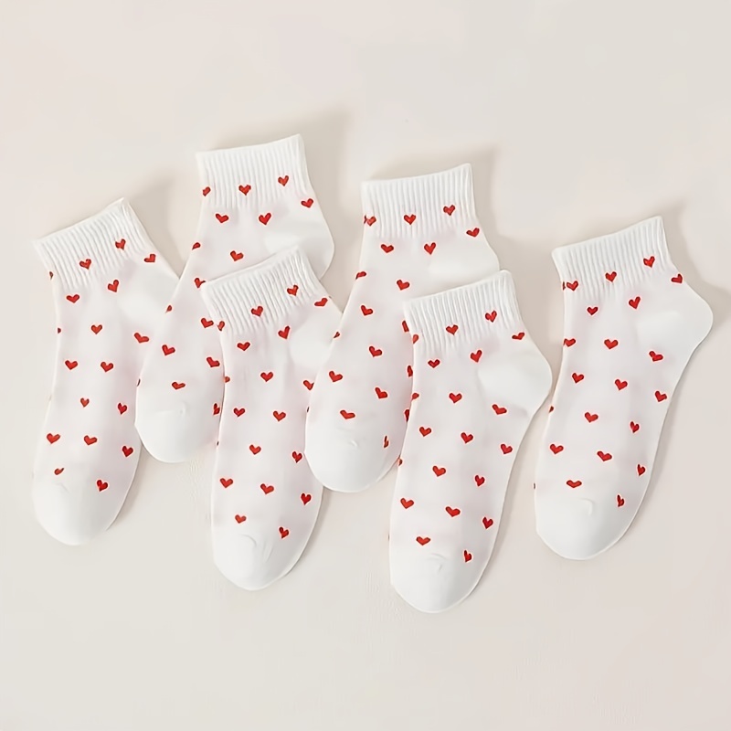 Image of 3/6 Pairs Heart Print Socks, Comfy & Cute Mid Tube Socks, Women's Stockings & Hosiery