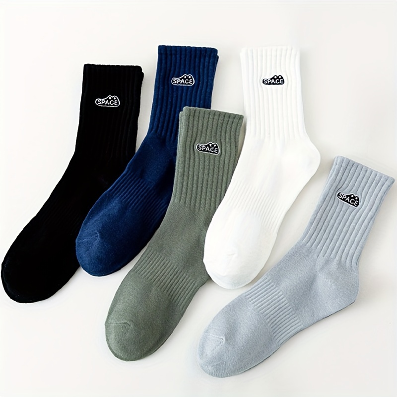

Space Cat Pattern 5 Pairs Solid Men's Short Crew Socks, Breathable Comfy Casual Socks Simple Style Fashion Sports Socks For Outdoor Fitness Basketball Running