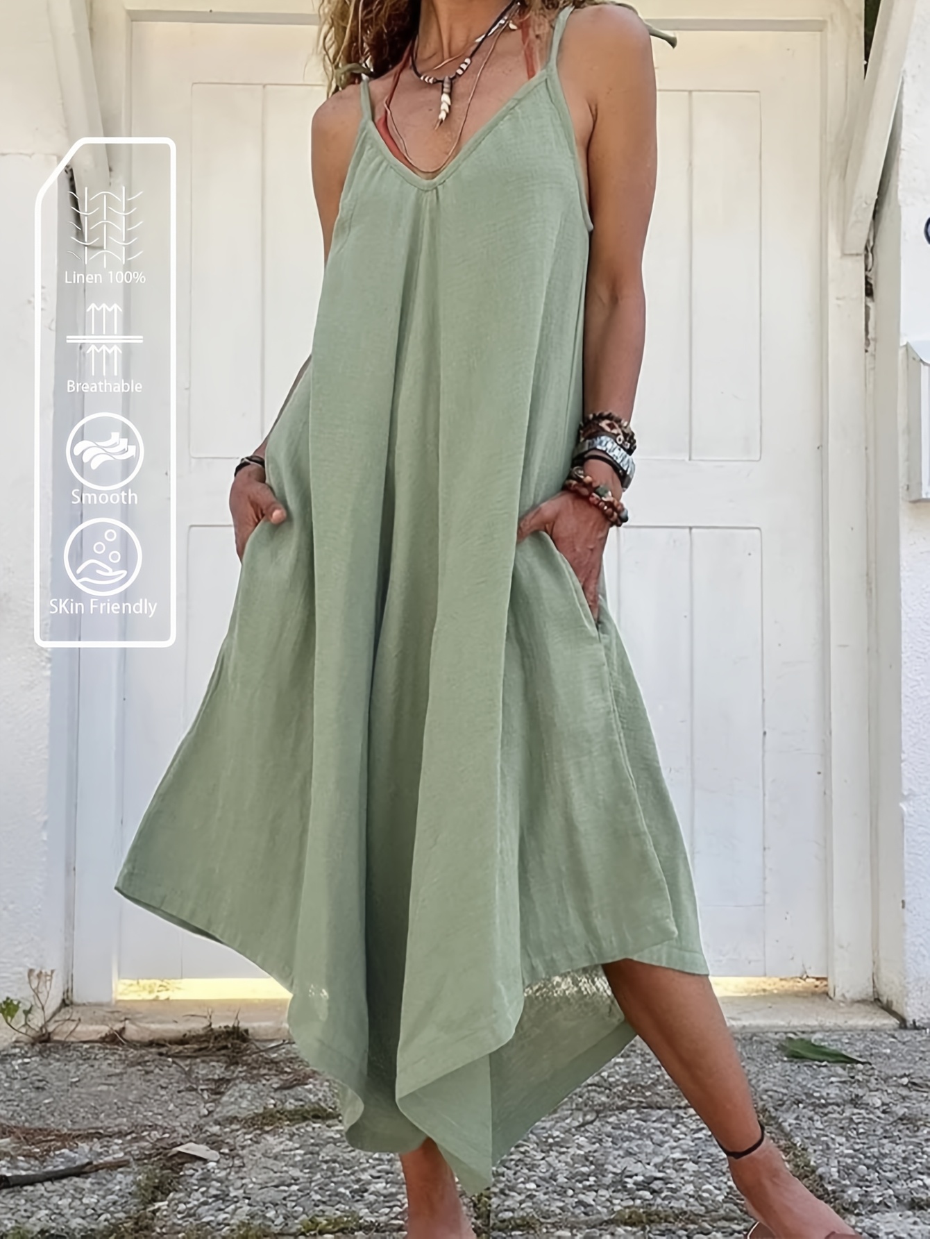 Women's Fashion Casual Spring/Summer Linen Holiday Camisole Dress, Vintage  * Linen Camisole Dress, Solid Color Women's Dress
