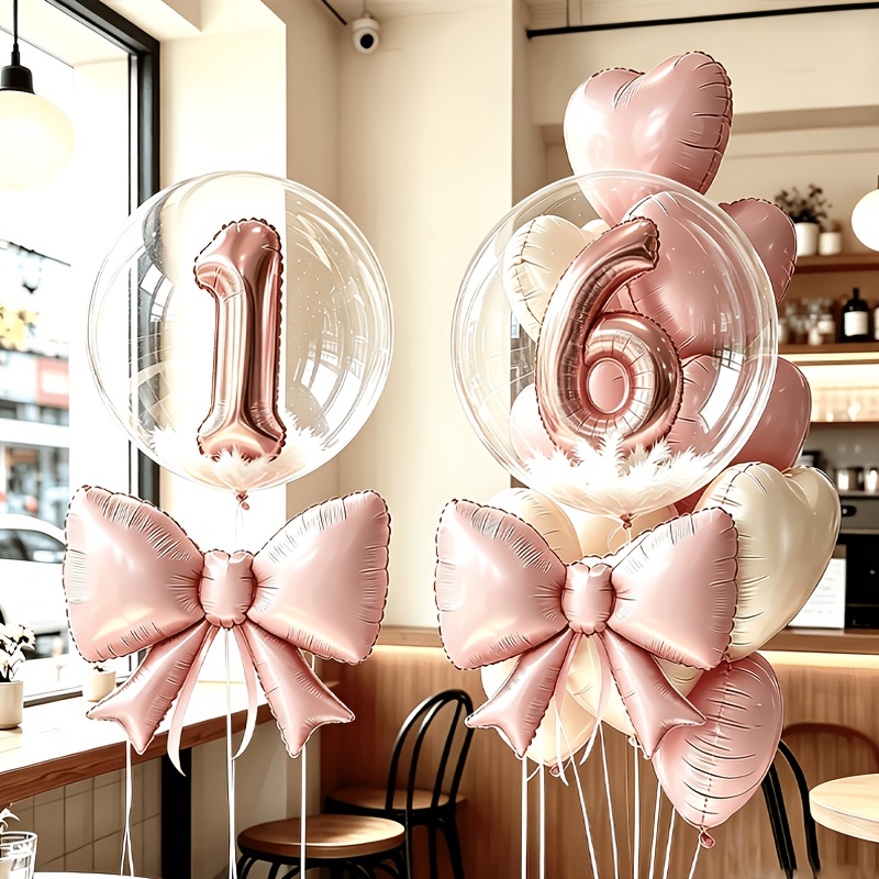 TEMU 14pcs Double Number Pink Birthday Party Balloon Set, Includes 2pcs Number Balloons, 6pcs Heart Balloons, 2pcs Bow Balloons, 2pcs Bobo Balloons,