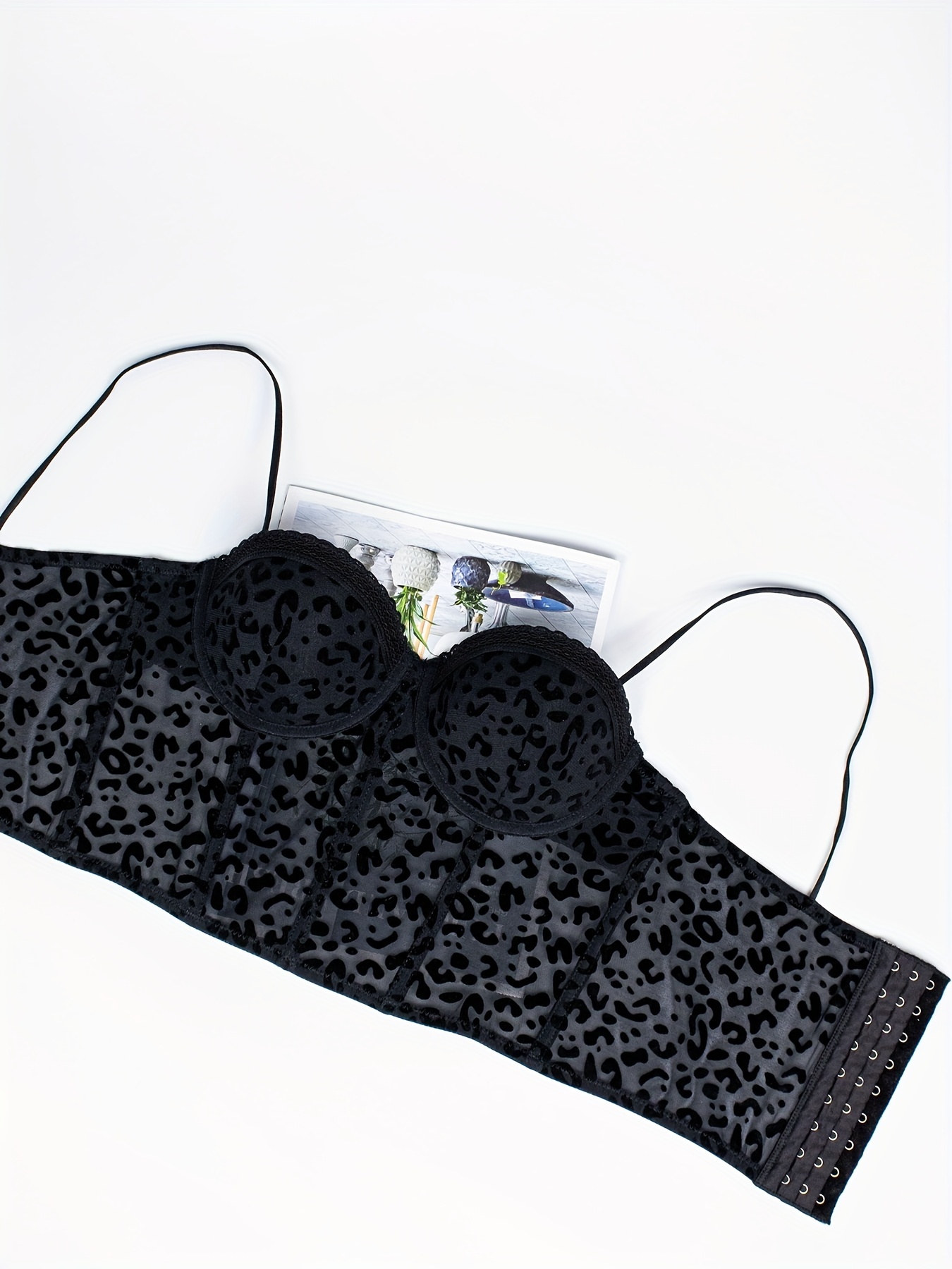 1pc Bohemian Leopard Print Flocked Mesh & Lace Trim T-Shirt Bra - High Support Underwire, Non-Removable Padded Cups, Machine Washable 's Lingerie for Everyday & Special Occasions, Occasion Bra | Fashionable Undergarment | Nonremovable Padding