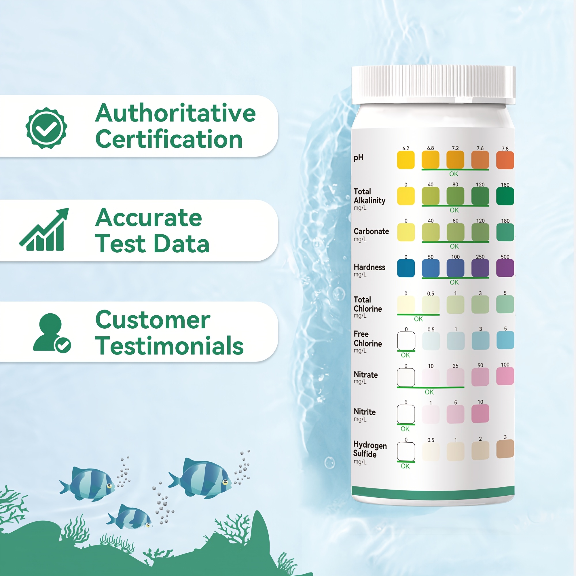 Aquarium 9-Item Test Kit, 100 Strips Per Tube, for Quickly Testing Fish Water Ph, Total Alkalinity, Residual Chlorine, Nitrate, And Nitrite