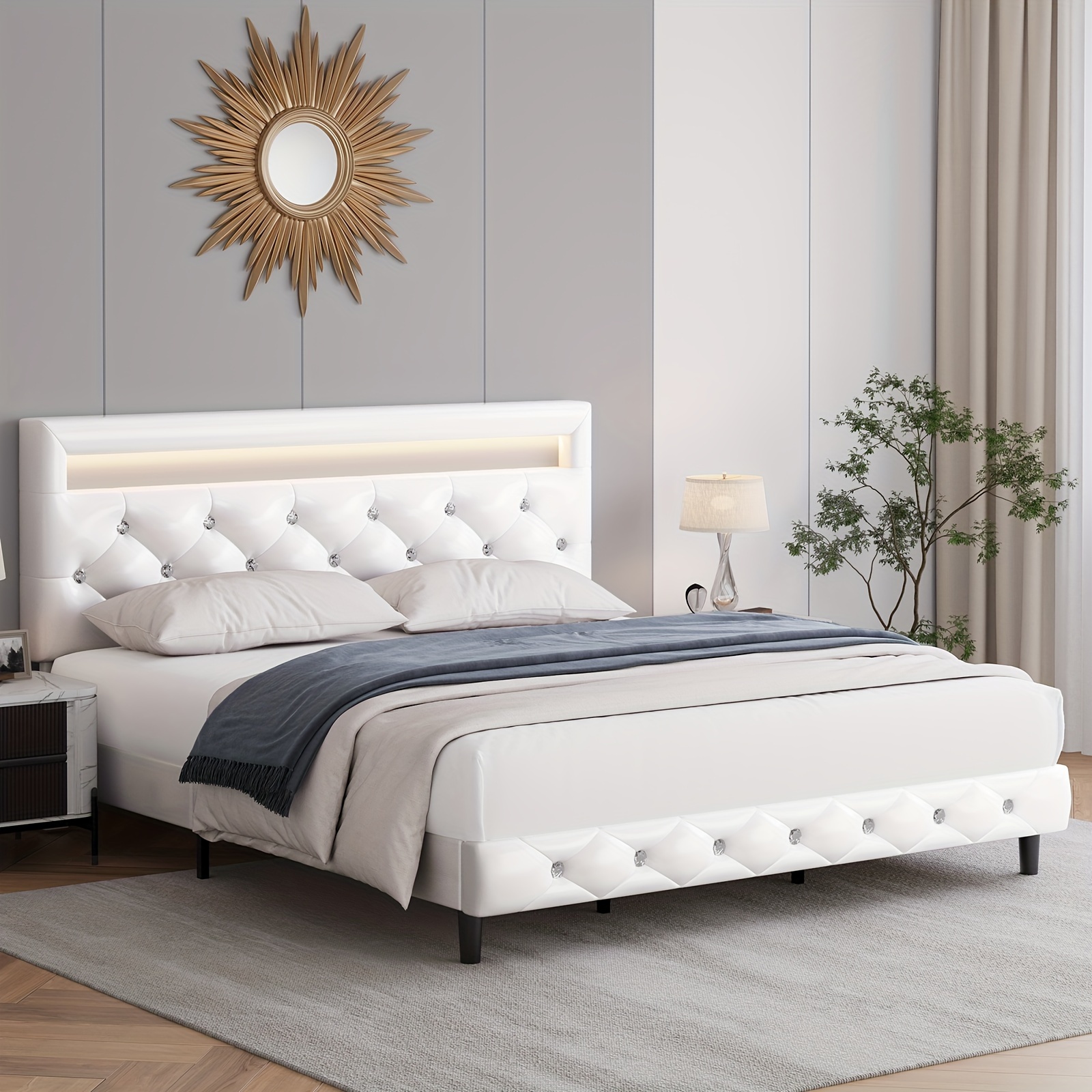 

Modern Upholstered Bed Frame With Led Lights, Faux Leather Platform Bed Frame With Adjustable Crystal Button Tufted Headboard, Easy Assembly