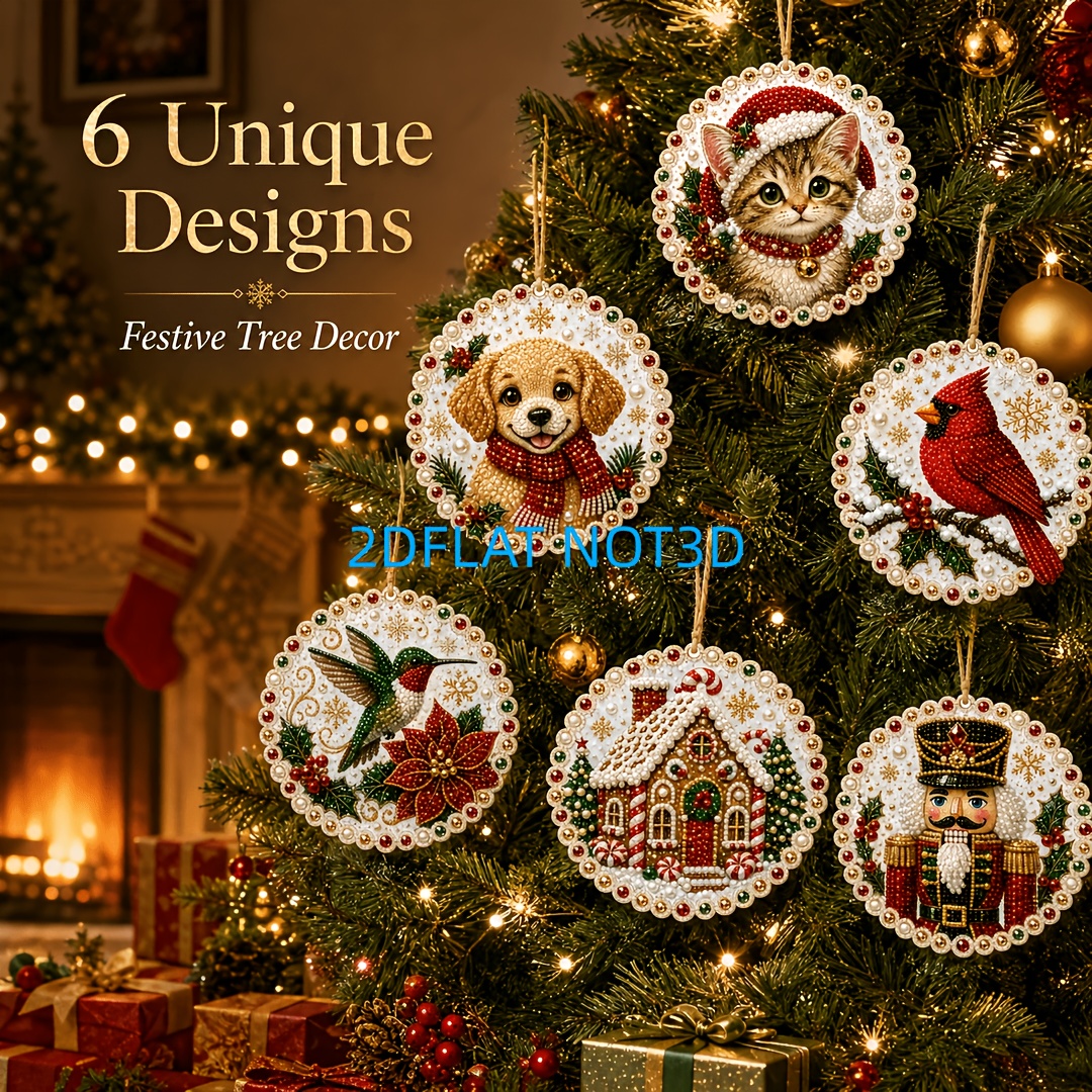 TEMU 2d Flat 6pcs Diy Pearl Diamond Painting Wooden Hanging Tag Ornament Set, Christmas Theme, 2.0cm (3.07 Inches) 2d Flat Hd Printed, Complete Diy