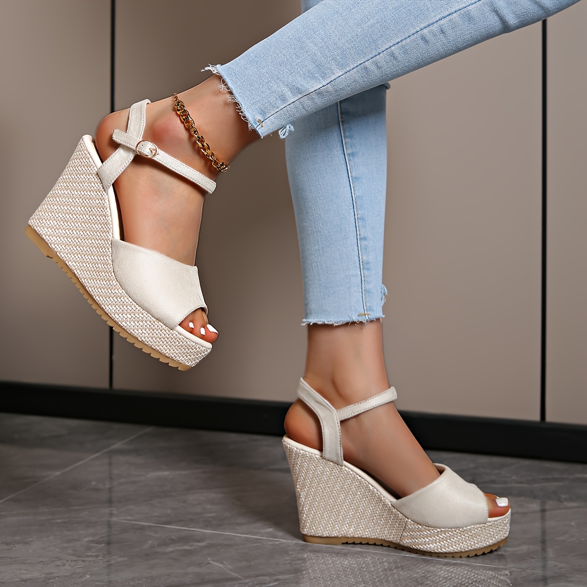 chic women's wedge sandals open toe high heel ankle strap Temu