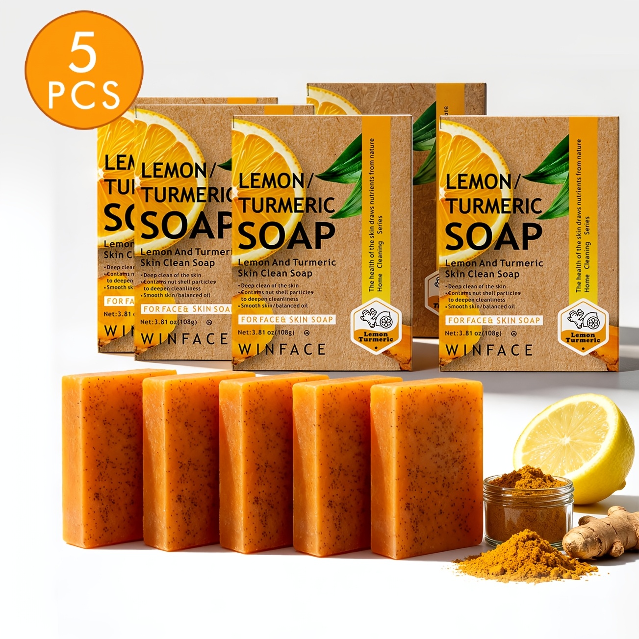 Image of Lemon Turmeric Soap, 5 Boxes * 100g/ Added Lemon, Kojic Acid, Turmeric Ingredients - Skin Cleansing, Facial And Hand Cleansing - European Site