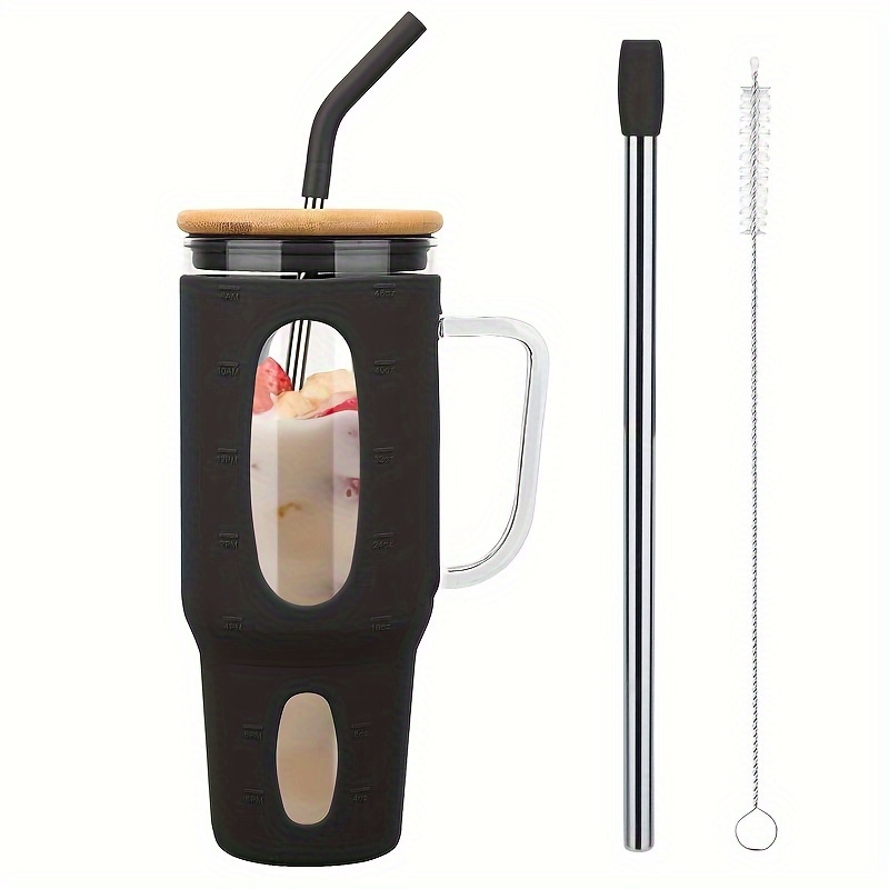 

50oz Glass Tumbler With Straw And Lid, Reusable Glass Tumbler With Handle, Iced Coffee Cup With Bamboo Lid, Glass Water Bottles Fit In Cup Holder