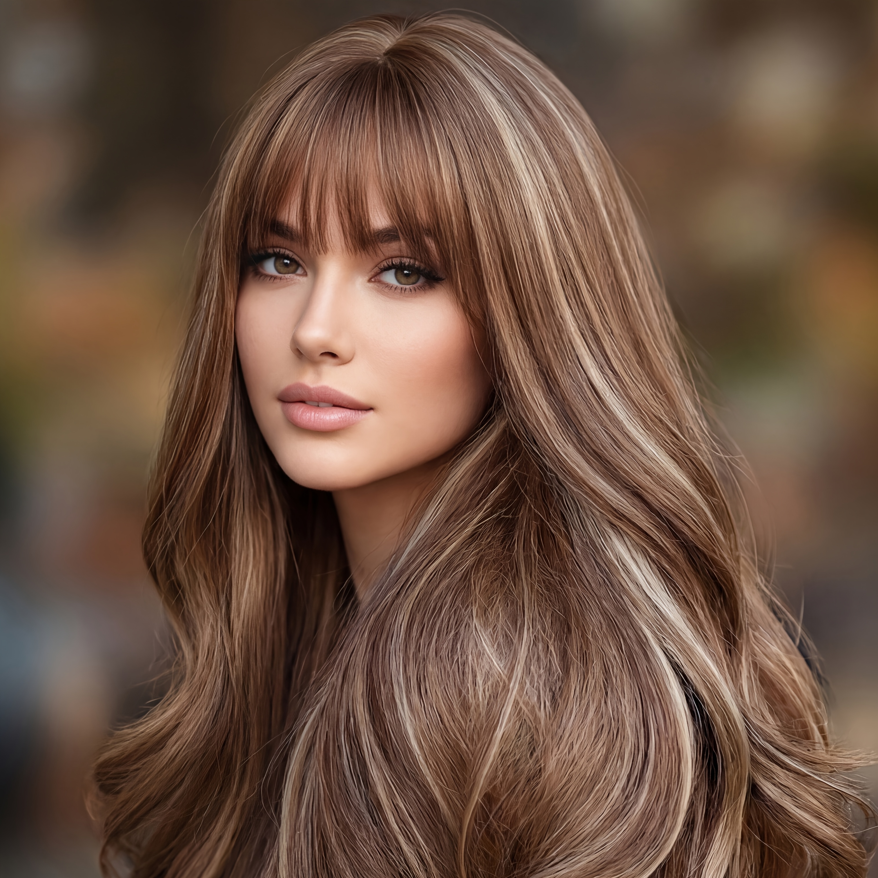 Waist Length Light Brown Wig with Highlights, 32Inch Loose Curly Synthetic Wig with Air Bangs, Heat Friendly High Layers Daily Wear
